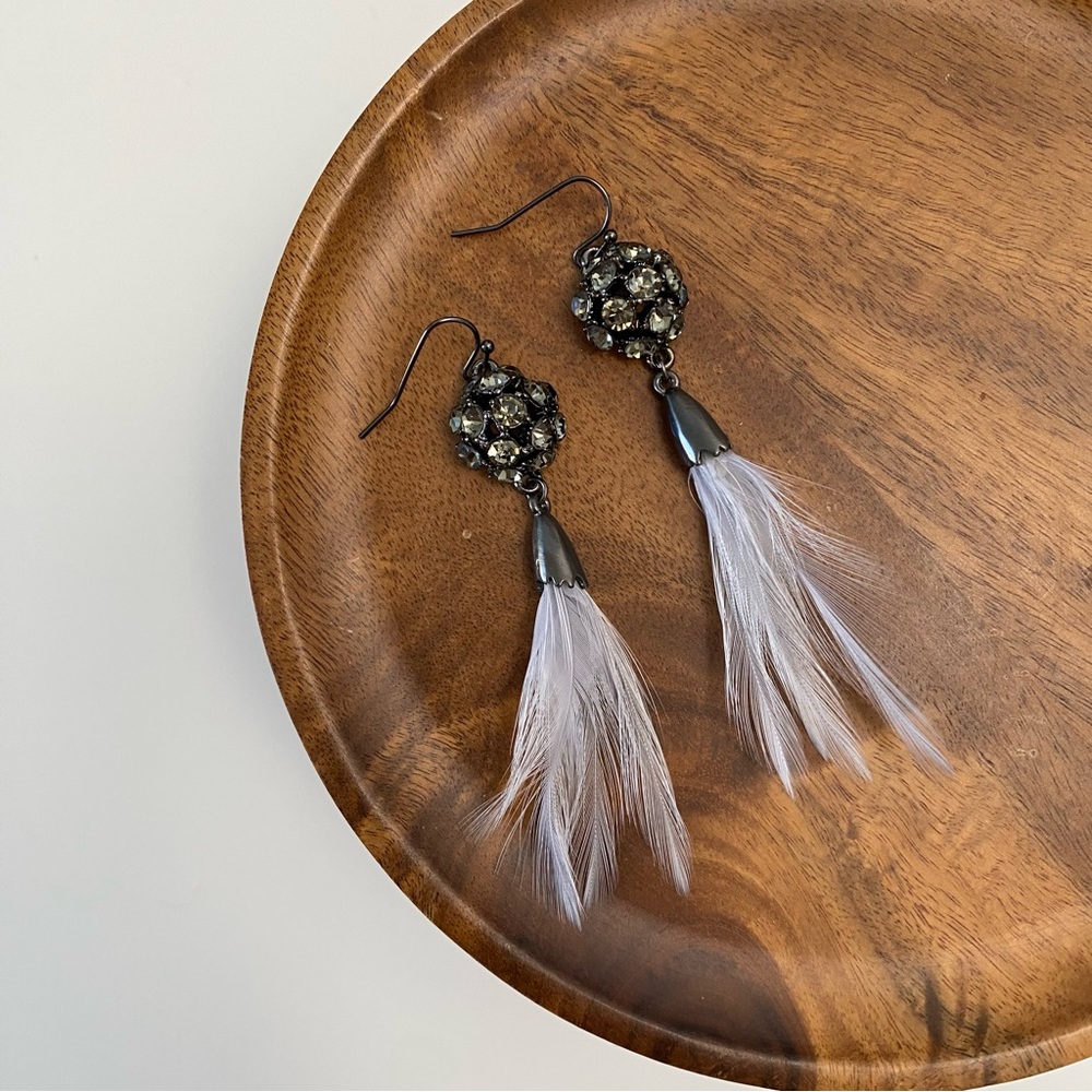 4/$15 Grey Cute Feather Rhinestone Ball Earrings
